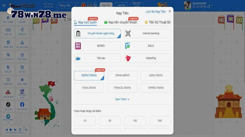 Nạp tiền qua thẻ ngân hàng tại 78Win